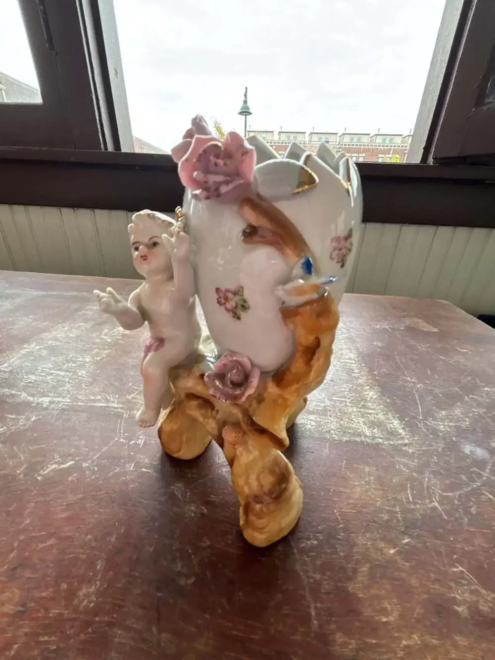Vintage Ucagco Cherub Gold Trim Bird Flowers Angel Egg Vase Planter